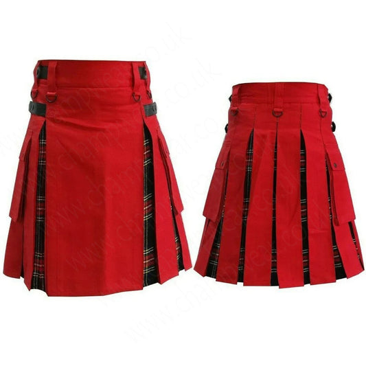 Scottish Hybrid Red Black Stewart Tartan Kilt Men Utility Kilt