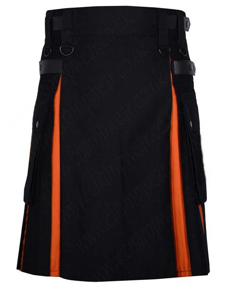 Scottish Men 100% Cotton Fashion Black & Orange Hybrid Kilt Men