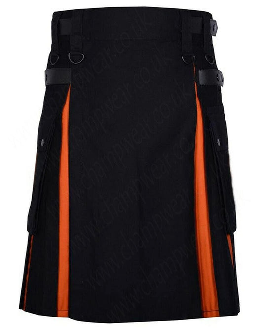 Scottish Men 100% Cotton Fashion Black & Orange Hybrid Kilt Men