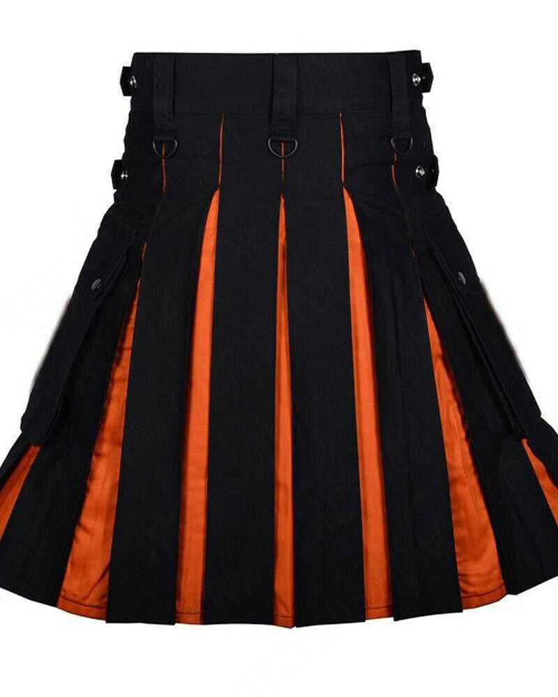 Scottish Men 100% Cotton Fashion Black & Orange Hybrid Kilt Men