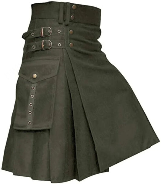 Men's Olive Green Utility Traditional Scottish Kilt With Cargo Pockets