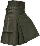 Men's Olive Green Utility Traditional Scottish Kilt With Cargo Pockets