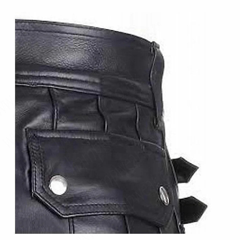 Stylish Black Leather Kilt Twin Cargo Pockets Cowhide Leather