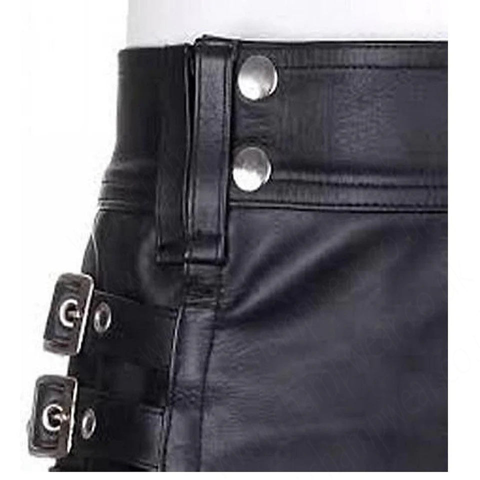 Stylish Black Leather Kilt Twin Cargo Pockets Cowhide Leather
