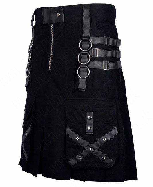Black Cotton Gothic Kilt Cargo Pockets Modern Gothic Fashion Kilt Active Men