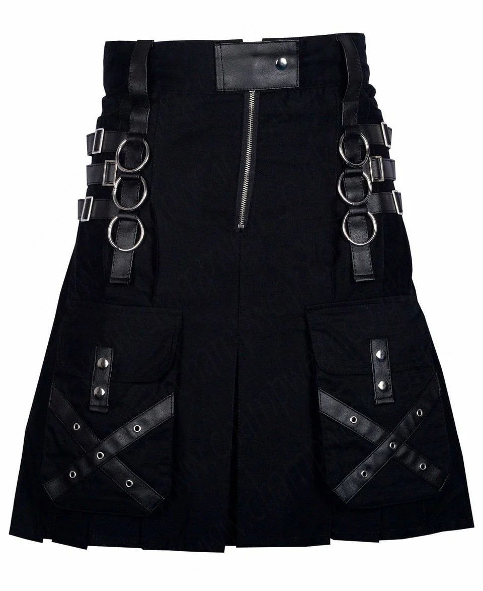 Black Cotton Gothic Kilt Cargo Pockets Modern Gothic Fashion Kilt Active Men