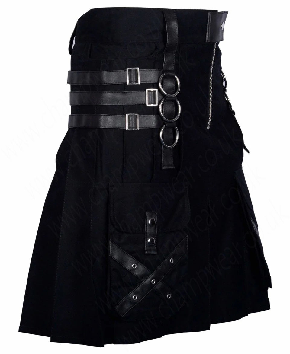 Black Cotton Gothic Kilt Cargo Pockets Modern Gothic Fashion Kilt Active Men