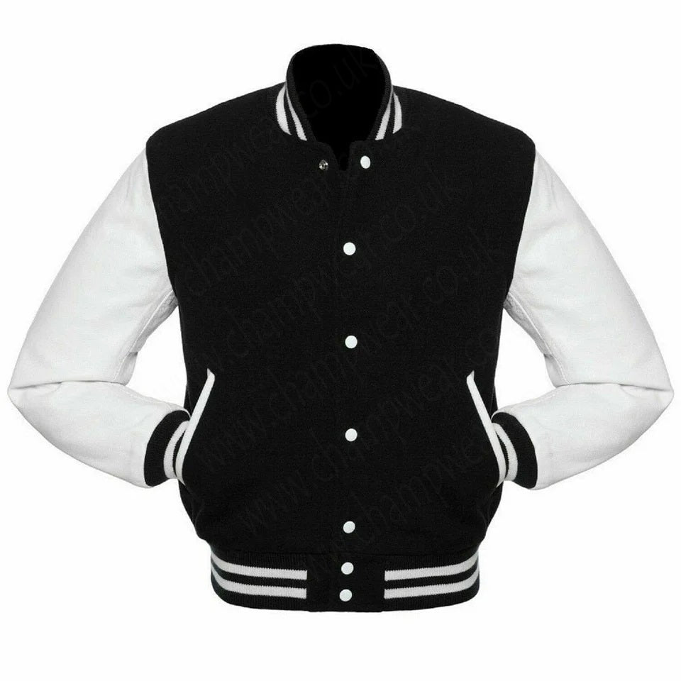 Varsity Letterman baseball jacket Wool Body & Leather Sleeves Black & White Classic