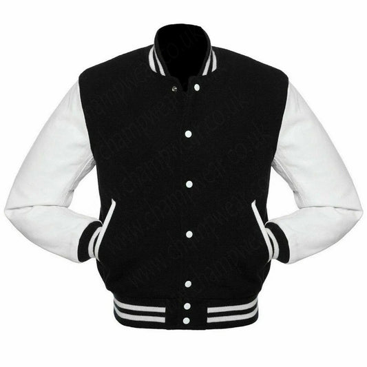 Varsity Letterman baseball jacket Wool Body & Leather Sleeves Black & White Classic