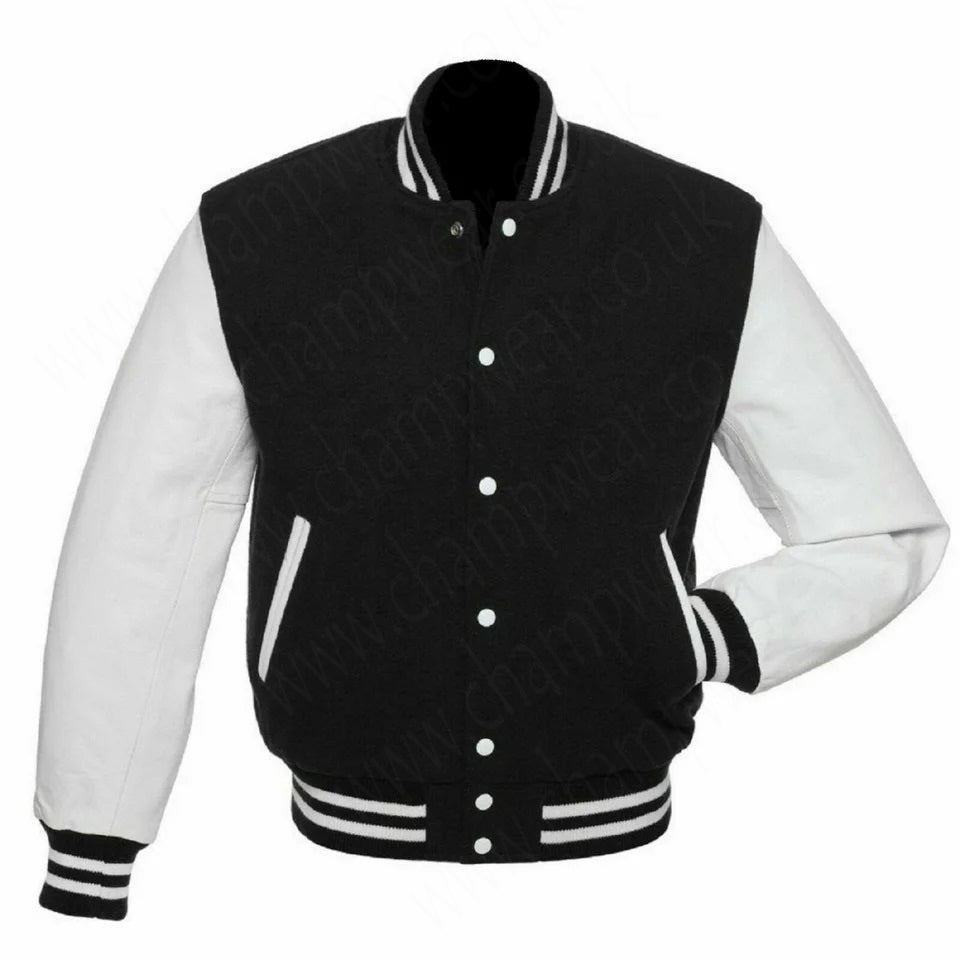 Varsity Letterman baseball jacket Wool Body & Leather Sleeves Black & White Classic